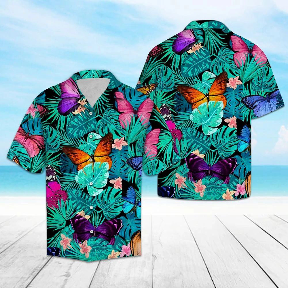 Tropical Butterfly Group Palm Leaves Summer Vacation Themed Hawaiian Shirt, Hawaiian Shirt Gift, Christmas Gift