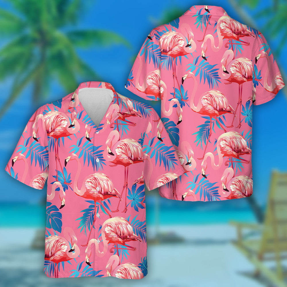 Rosa Flamingo mit blauen Aralia und Areca Blättern Hawaiihemd, Hawaiihemd Geschenk, Weihnachtsgeschenk