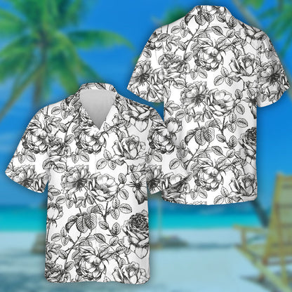 Hand Drawn Vintage Floral Rose Leaf Branch Pattern Hawaiian Shirt, Hawaiian Shirt Gift, Christmas Gift
