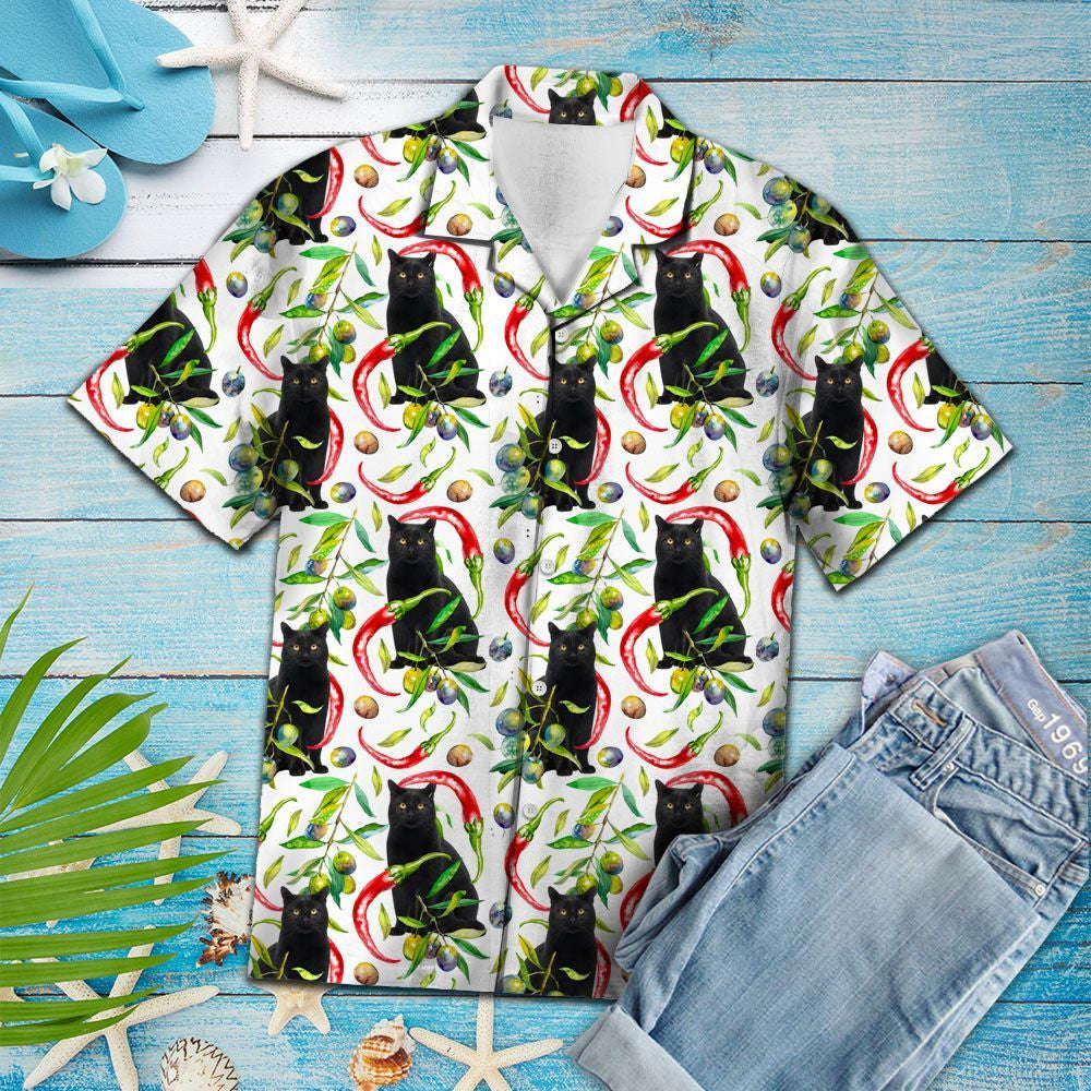 Awesome Chili Peppers And Black Cat Pattern Hawaiian Shirt, Hawaiian Shirt Gift, Christmas Gift