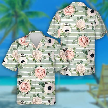 Beautiful Rose Flower On Green And White Striped Background Hawaiian Shirt, Hawaiian Shirt Gift, Christmas Gift