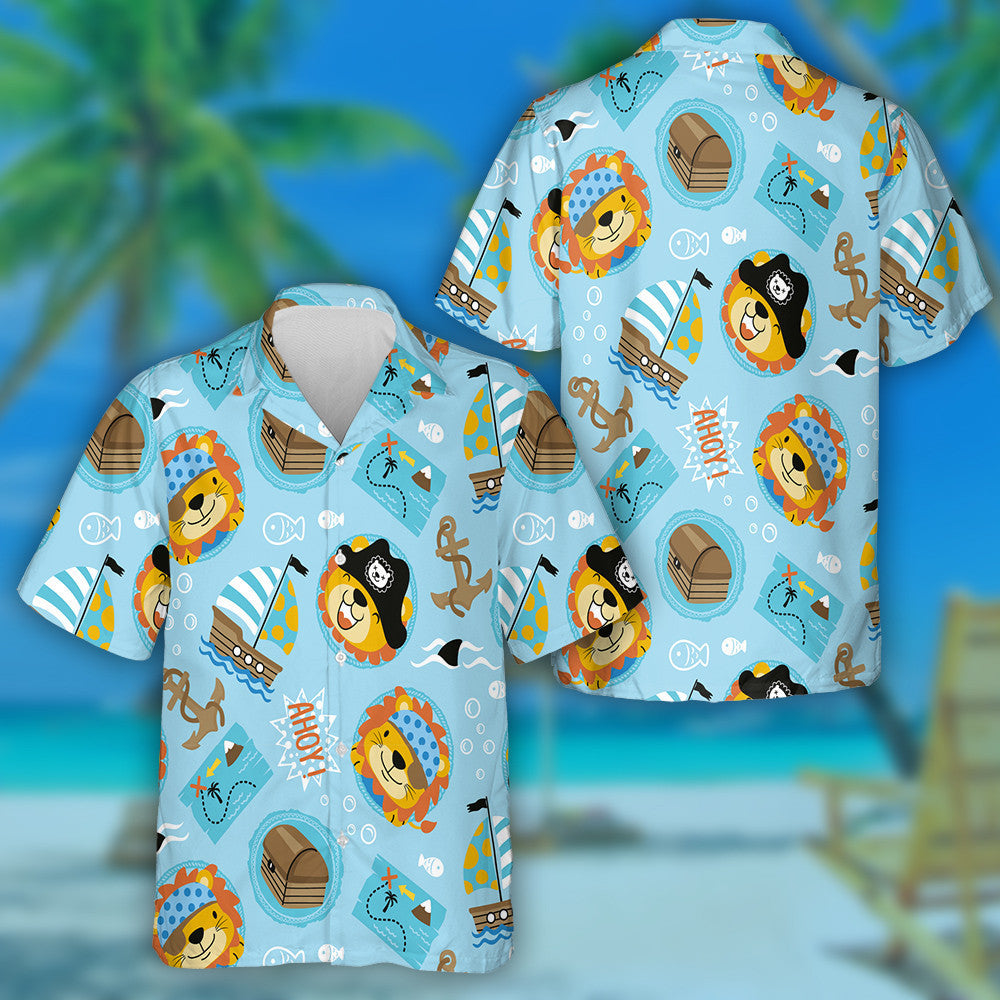 Funny Pirate Lion WIth Salt Boat And Anchor Hawaiian Shirt, Hawaiian Shirt Gift, Christmas Gift