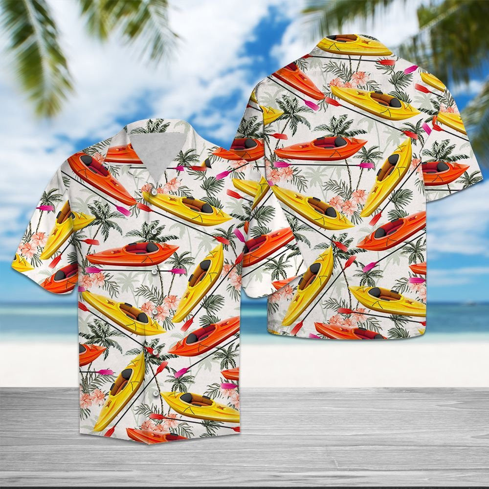 Kayak On Water Palm Trees Design Hawaiian Shirt, Hawaiian For Gift