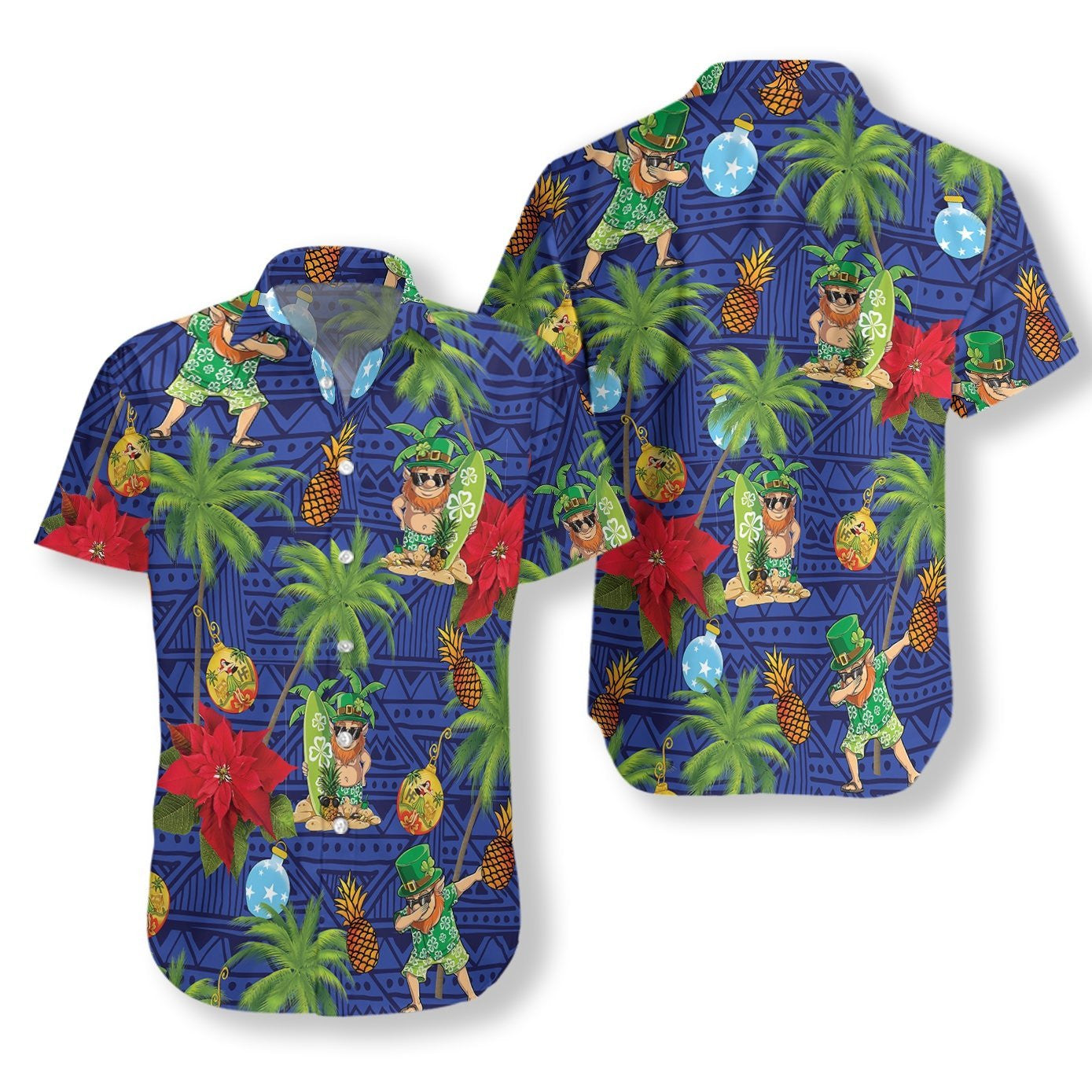 Leprechaun Surfing On Blue Background Hawaiian Shirt, Hawaiian Shirt Gift, Christmas Gift