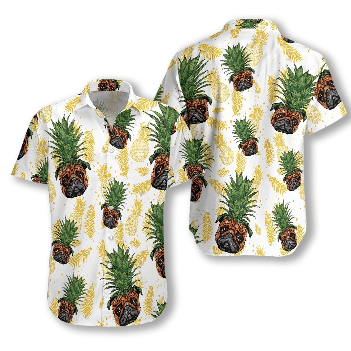 Pug Pineapple Head Funny Design White Background Hawaiian Shirt, Hawaiian Shirt Gift, Christmas Gift