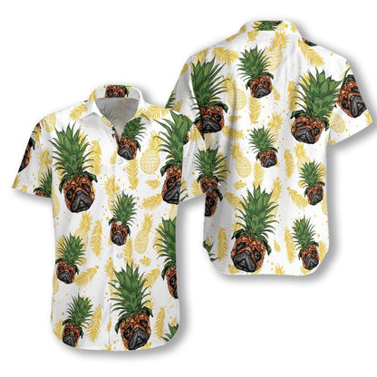 Pug Pineapple Head Funny Design White Background Hawaiian Shirt, Hawaiian Shirt Gift, Christmas Gift