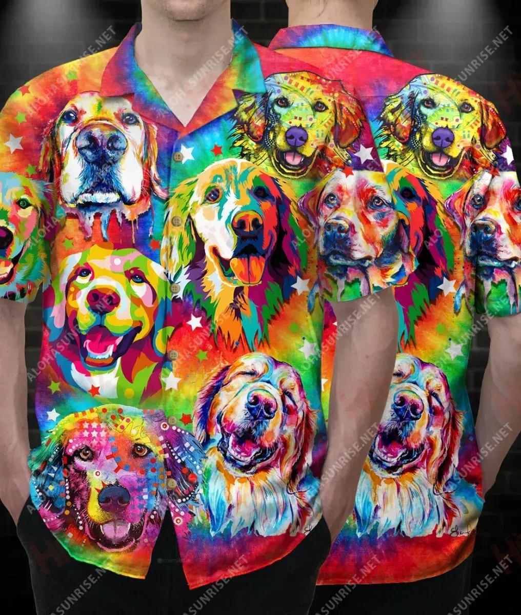 Colorful Golden Retriever Unisex Short Sleeve Shirt Summer Hawaiian T Shirts Best Hawaiian Shirts Hawaiian Shirts For Men, Hawaiian Shirt Gift, Christmas Gift
