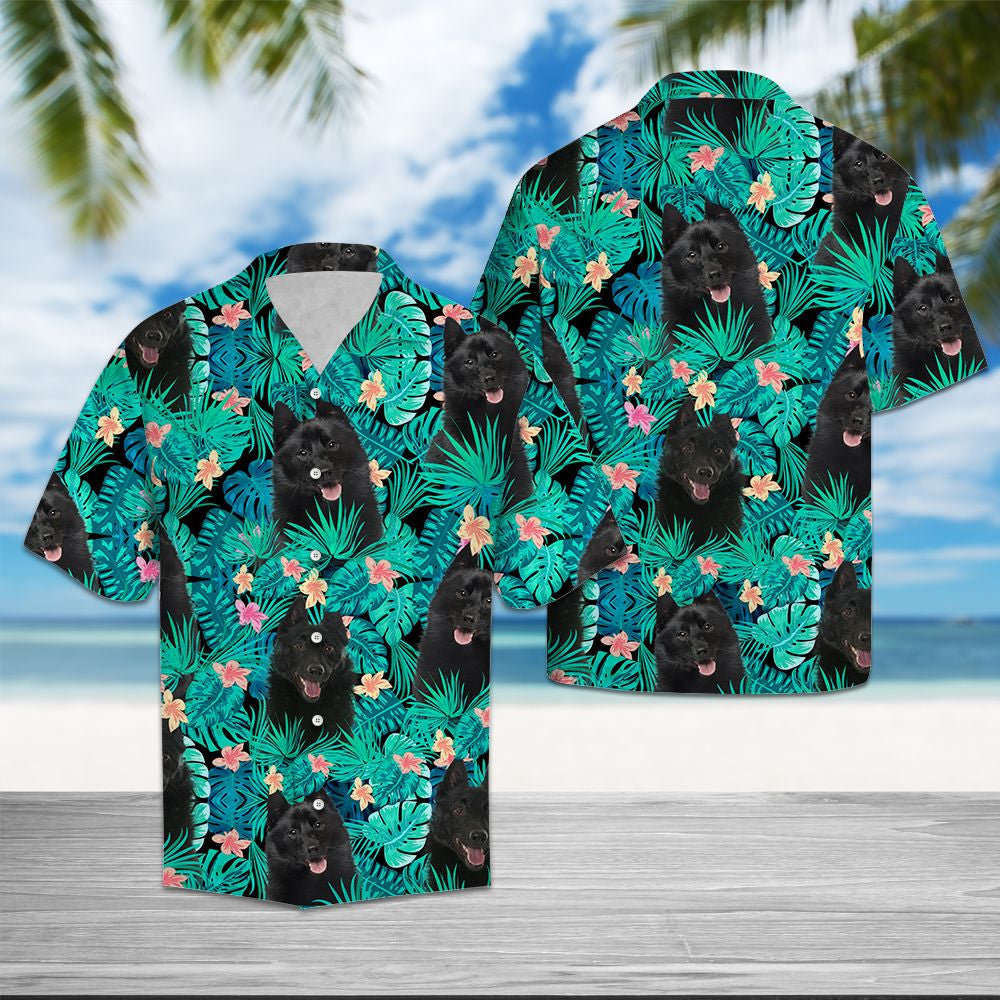 Black Schipperke Summer Beach Palm Tree Flowers Pattern Hawaiian Shirt, Hawaiian Shirt Gift, Christmas Gift