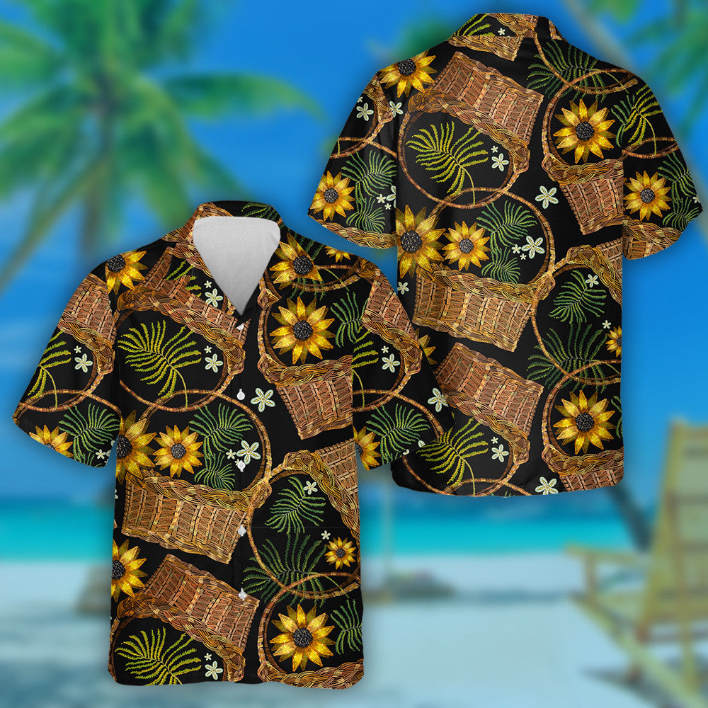Embroidery Wicker Baskets And Sunflowers Vintage Garden Background Hawaiian Shirt, Hawaiian Shirt Gift, Christmas Gift