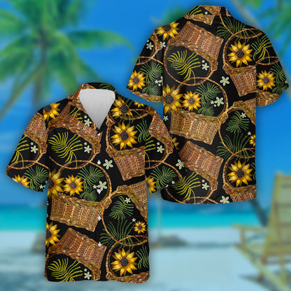 Embroidery Wicker Baskets And Sunflowers Vintage Garden Background Hawaiian Shirt, Hawaiian Shirt Gift, Christmas Gift