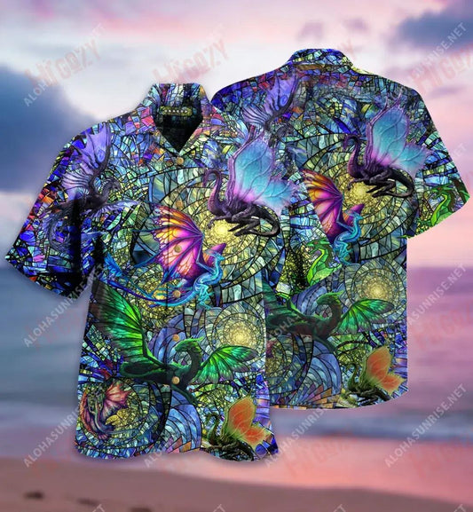 Dragon Kaleidoscope Unisex Short Hawaiian Shirt Ocean Aloha Shirt Tactical Hawaiian Shirt Hawaiian Shirts For Women, Hawaiian Shirt Gift, Christmas Gift
