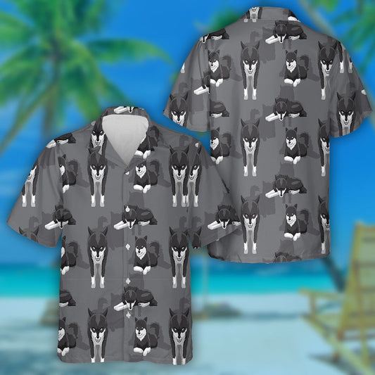 Black And White Wolf Cartoon Background Hawaiian Shirt, Hawaiian For Gift