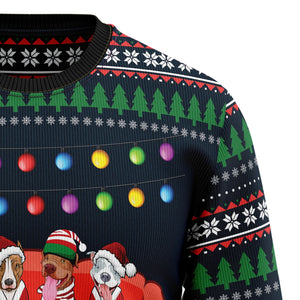 Pit Bull Friends On Red Sofa Ugly Christmas Sweater,Christmas Gift,Gift Christmas 2024