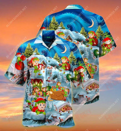 Elves On The Tree Christmas Short Hawaiian Shirt Vacation Aloha Shirt Best Hawaiian Shirts Funny Hawaiian Shirts, Hawaiian Shirt Gift, Christmas Gift