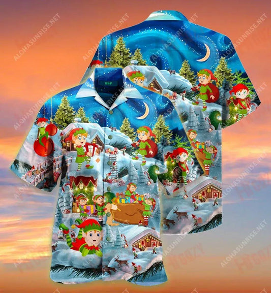 Elves On The Tree Christmas Short Hawaiian Shirt Vacation Aloha Shirt Best Hawaiian Shirts Funny Hawaiian Shirts, Hawaiian Shirt Gift, Christmas Gift