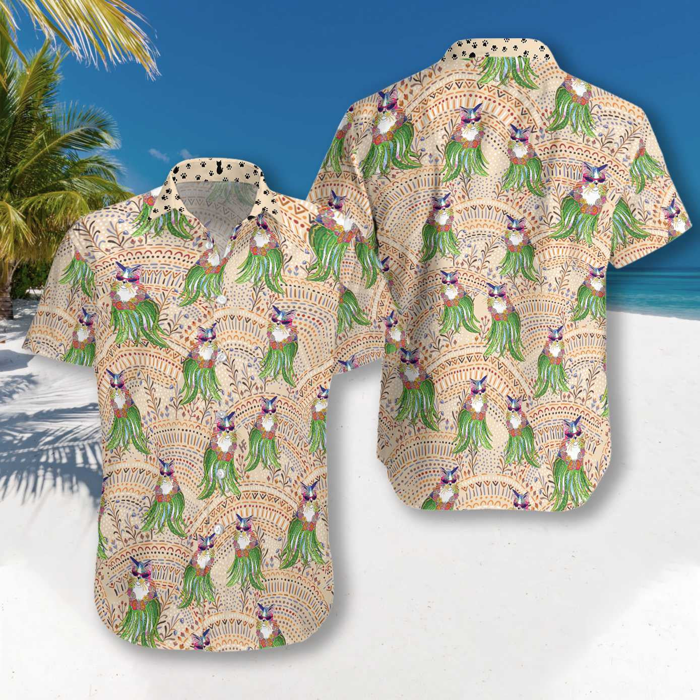 Cat Hula Ethnic Pattern Attractive Design Hawaiian Shirt, Hawaiian For Gift