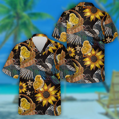 Embroidery Chickens Magpie Birds And Sunflowers In Basket Hawaiian Shirt, Hawaiian Shirt Gift, Christmas Gift
