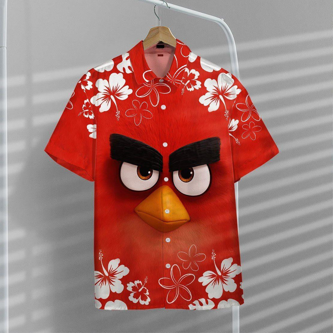 Red Bird Angry Bird Cartoon With White Hibiscus Hawaiian Shirt, Hawaiian Shirt Gift, Christmas Gift