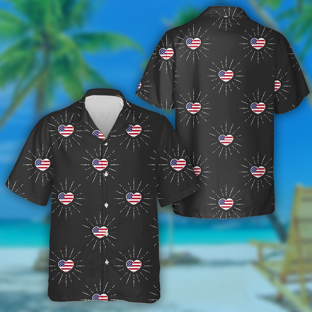 Sparkle Heart Shaped American Flag Monochrome Black Background Hawaiian Shirt, Hawaiian Shirt Gift, Christmas Gift