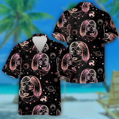 Tatto Art Style With Four Eyed Lady And Cat Hawaiian Shirt, Hawaiian Shirt Gift, Christmas Gift
