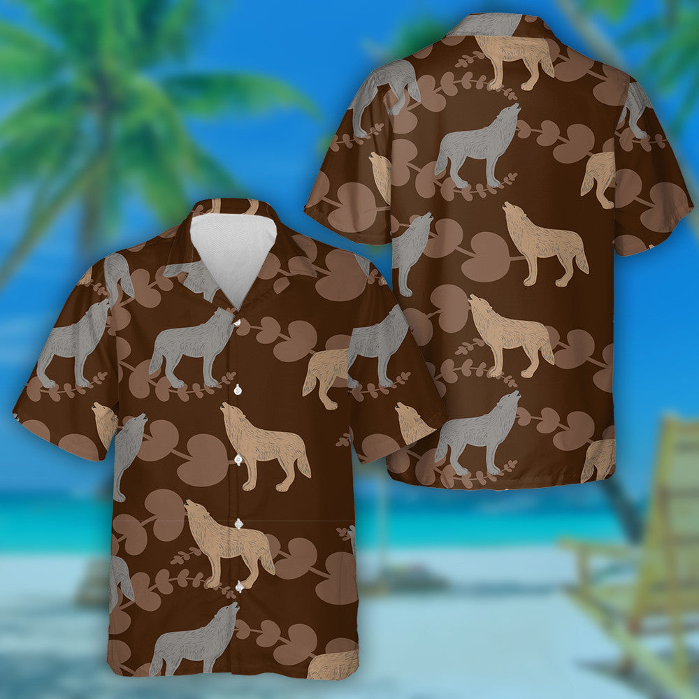 Cartoon Style Beige And Grey Wolfs Hawaiian Shirt, Hawaiian For Gift