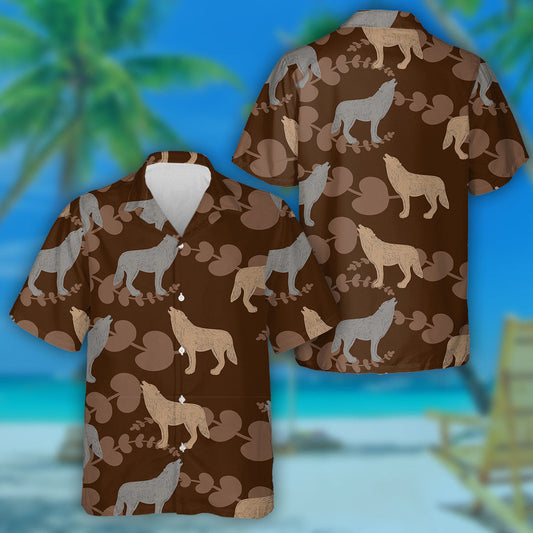 Cartoon Style Beige And Grey Wolfs Hawaiian Shirt, Hawaiian For Gift