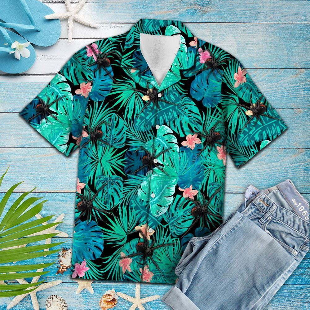Hiding Black Poisonous Spiders Tropical Plants Pattern Hawaiian Shirt, Hawaiian Shirt Gift, Christmas Gift