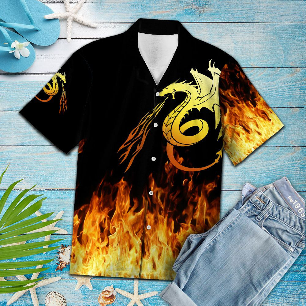 Flame Dragon In Black Background Hawaiian Shirt,Hawaiian Shirt Gift, Christmas Gift