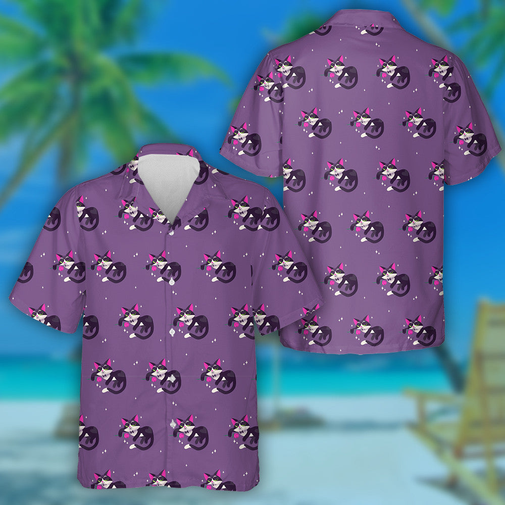 Cute Cat Character Holds A Pink Rose Hawaiian Shirt, Hawaiian Shirt Gift, Christmas Gift