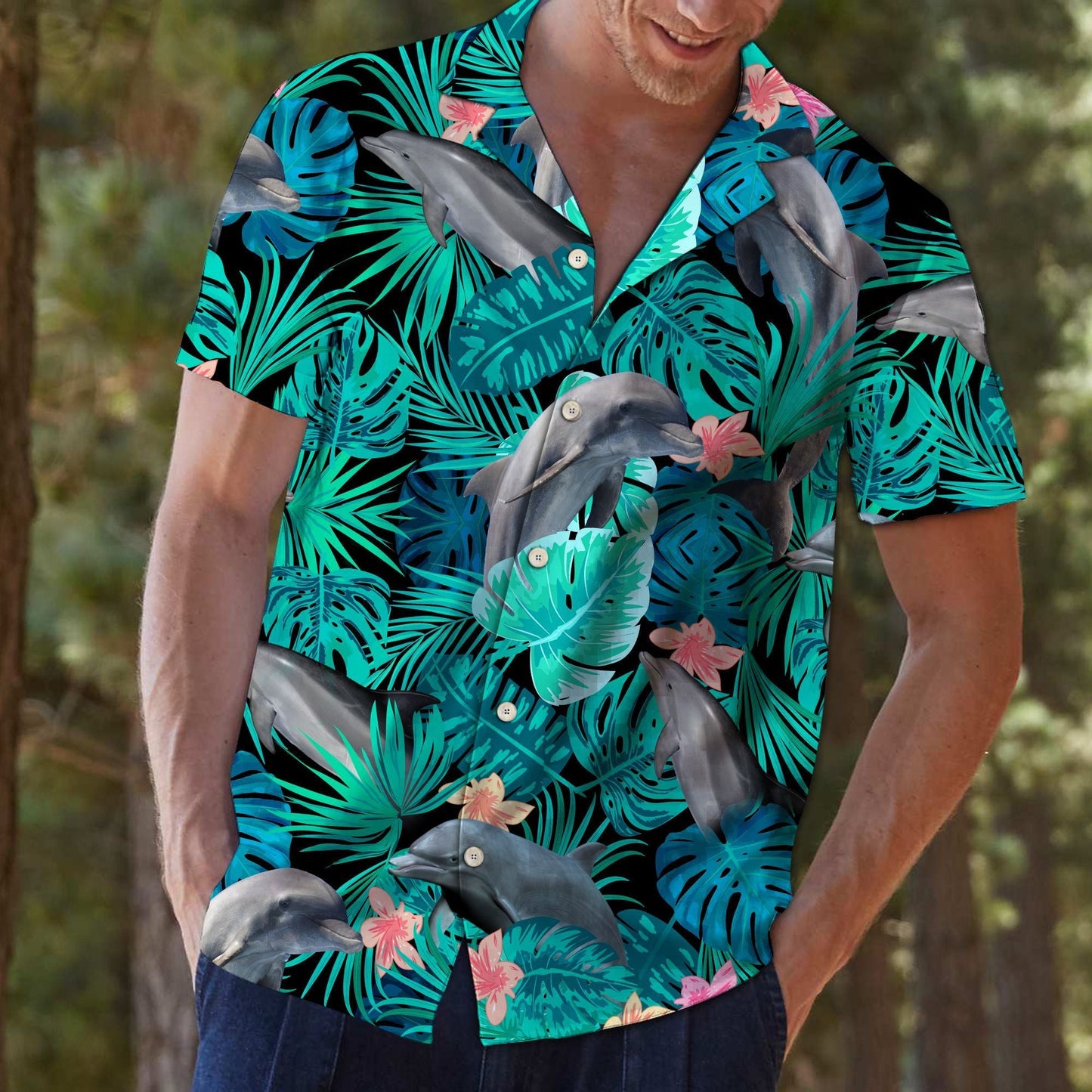 Marine Dolphin Tropical Jungle Design Hawaiian Shirt,Hawaiian Shirt Gift, Christmas Gift