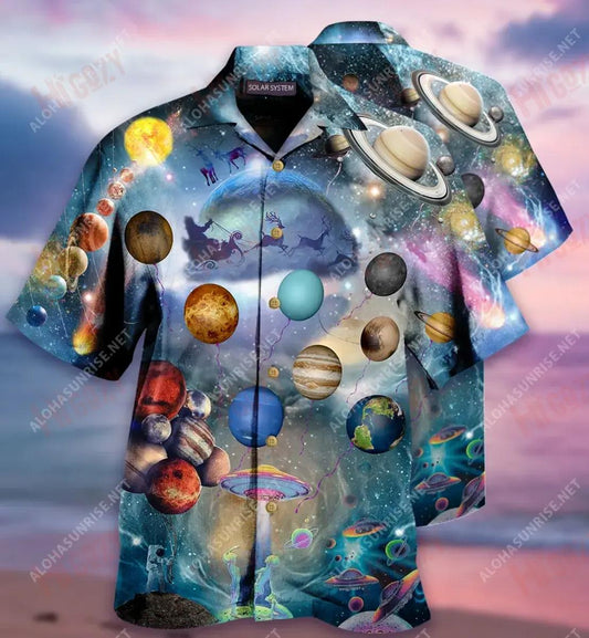 Solar System On Christmas Short Short Sleeve Shirt Ocean Hawaiian T Shirts Vintage Hawaiian Shirts Hawaiian Shirts For Women, Hawaiian Shirt Gift, Christmas Gift