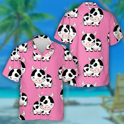 Hand Draw Cute Cow On Pink Background Hawaiian Shirt, Hawaiian Shirt Gift, Christmas Gift