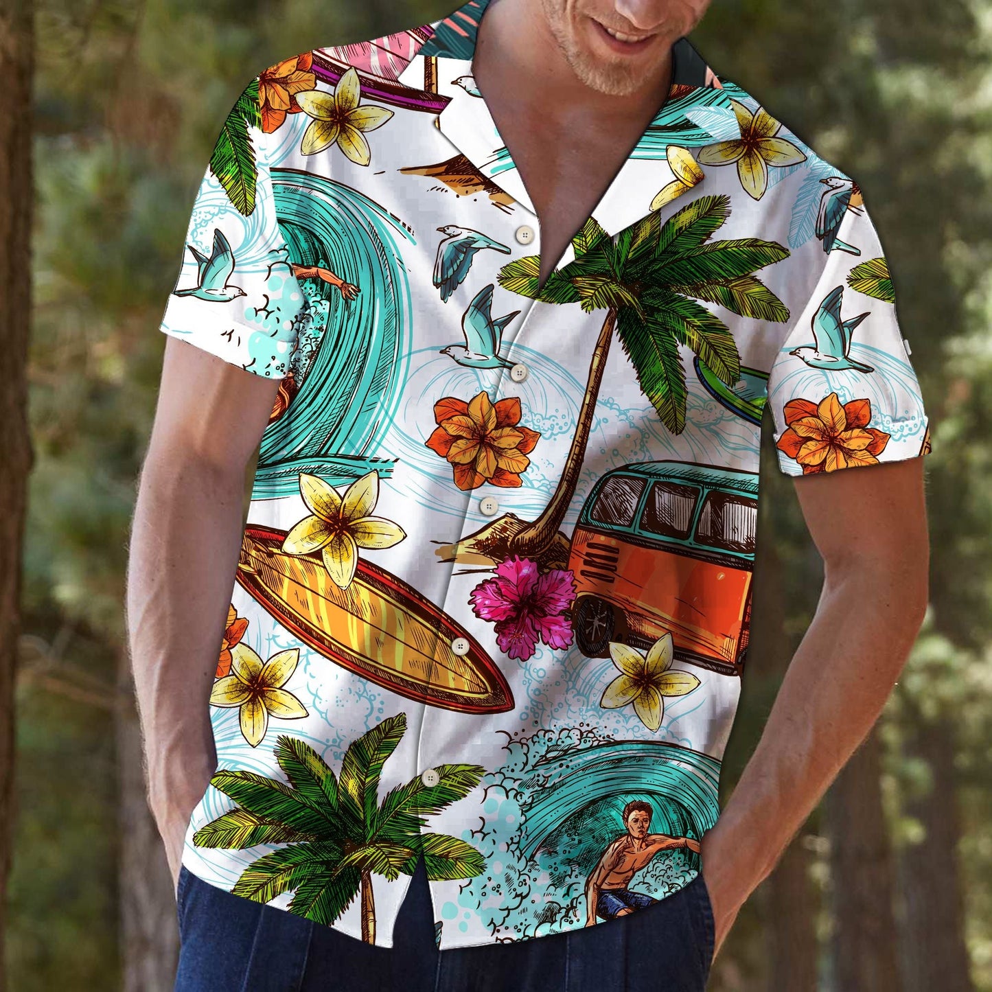 Surfing Beach Palm Trees And Plumeria Design Hawaiian Shirt, Hawaiian Shirt Gift, Christmas Gift