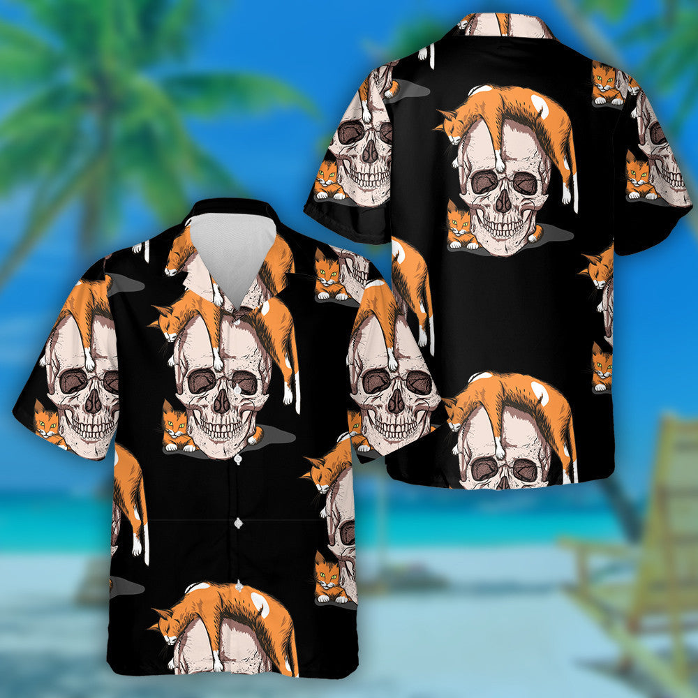 Skull With Orange Cats On Black Background Hawaiian Shirt, Hawaiian Shirt Gift, Christmas Gift