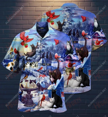 CCats Watching Cardinal Birds Short Hawaiian Shirt Summer Short Sleeve Tactical Hawaiian Shirt Hawaiian Shirt Pattern, Hawaiian Shirt Gift, Christmas Gift