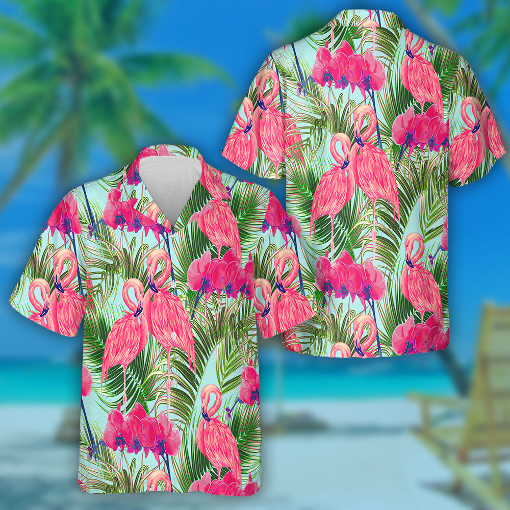 Tropical Palm Leaves And Orchid With Couple Flamingo Hawaiian Shirt, Hawaiian Shirt Gift, Christmas Gift
