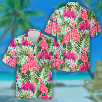 Tropical Palm Leaves And Orchid With Couple Flamingo Hawaiian Shirt, Hawaiian Shirt Gift, Christmas Gift