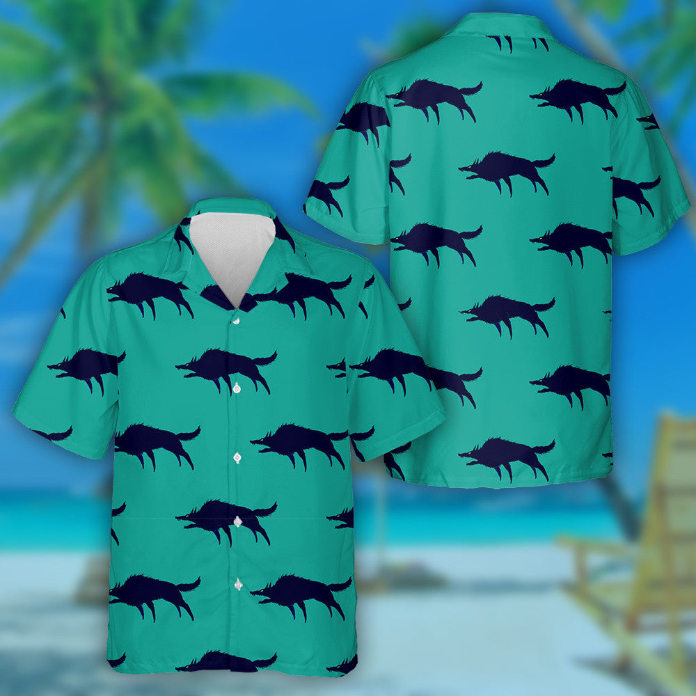 Silhouettes Of Dark Blue Angry Wolf On Green Hawaiian Shirt, Hawaiian Shirt Gift, Christmas Gift