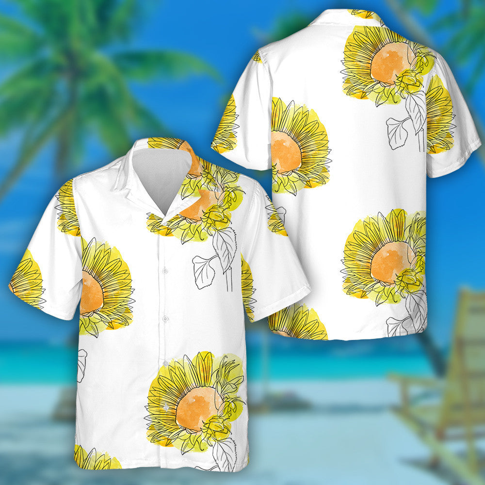 Childish Drawing Sunflowers Floral Background With Watercolor Spots Hawaiian Shirt, Hawaiian Shirt Gift, Christmas Gift