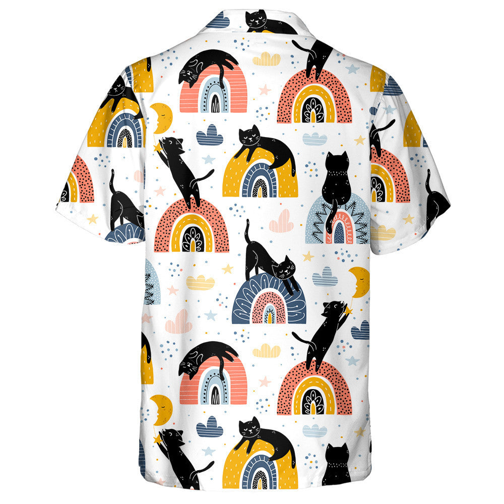 Black Cats And Rainbows Fantasy On White Background Hawaiian Shirt, Hawaiian Shirt Gift, Christmas Gift