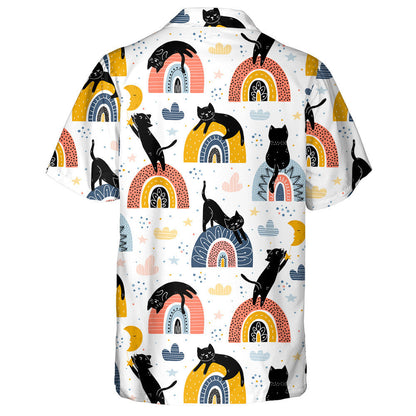 Black Cats And Rainbows Fantasy On White Background Hawaiian Shirt, Hawaiian Shirt Gift, Christmas Gift