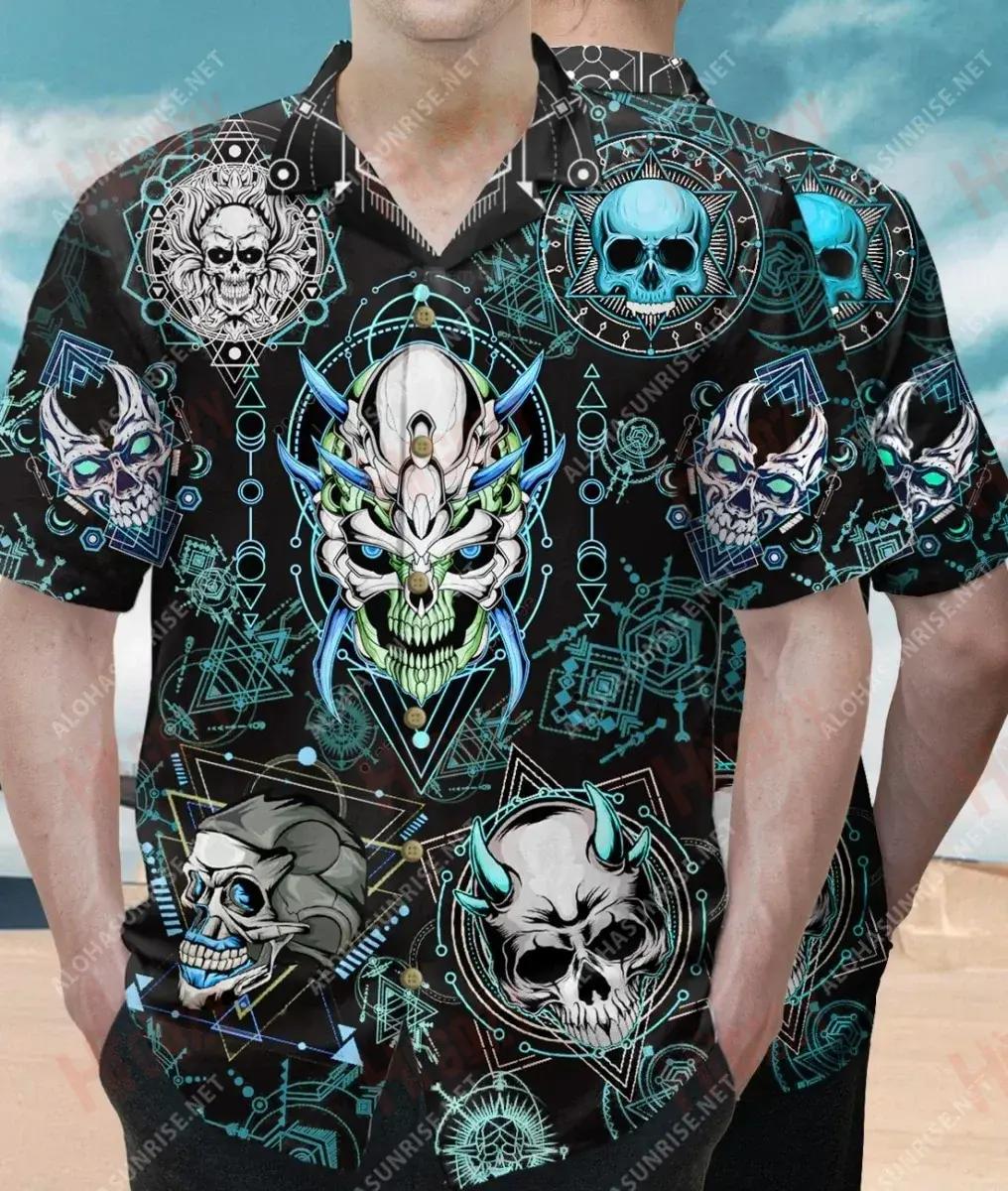 Blue Geometric Skull Unisex Short Sleeve Shirt Summer Tropical Shirts Custom Hawaiian Shirts Funny Hawaiian Shirts,Hawaiian Shirt Gift, Christmas Gift