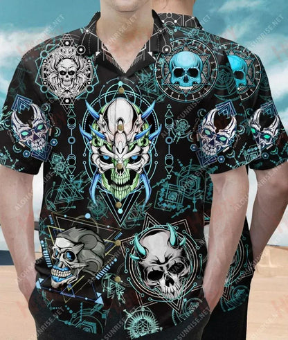 Blue Geometric Skull Unisex Short Sleeve Shirt Summer Tropical Shirts Custom Hawaiian Shirts Funny Hawaiian Shirts,Hawaiian Shirt Gift, Christmas Gift