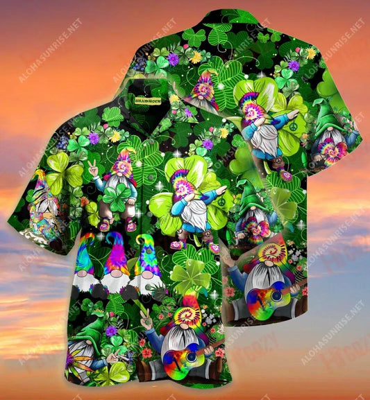Shamrock Gnome Hippie Unisex Short Hawaiian Shirt Summer Hawaiian T Shirts Tactical Hawaiian Shirt Hawaiian Shirts For Men, Hawaiian Shirt Gift, Christmas Gift