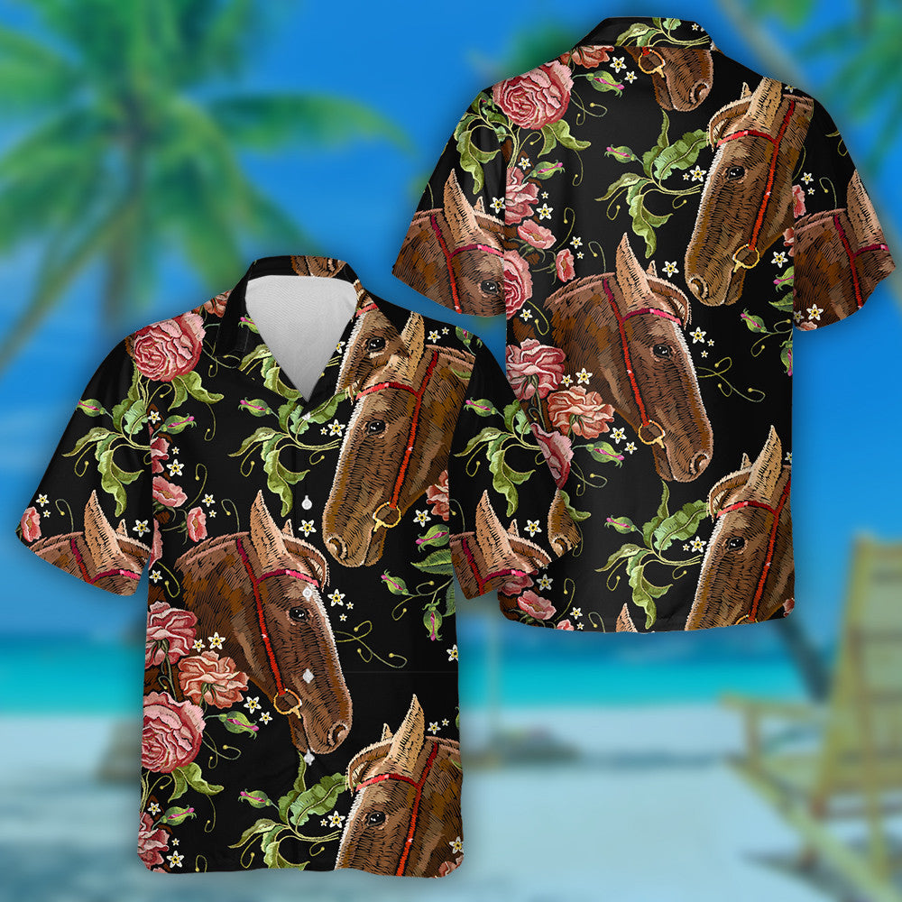 Embroidery Horse Head And Wild Roses Hawaiian Shirt,Hawaiian Shirt Gift, Christmas Gift