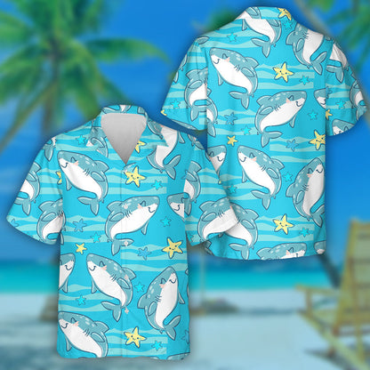 Pattern Of Cute Shark And Starfish On Blue Background Hawaiian Shirt, Hawaiian Shirt Gift, Christmas Gift