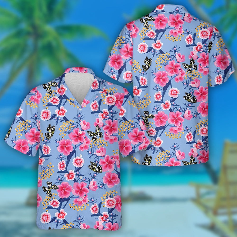 Spring Theme Sweet Blooming Pink Meadow And Butterfly Hawaiian Shirt, Hawaiian Shirt Gift, Christmas Gift