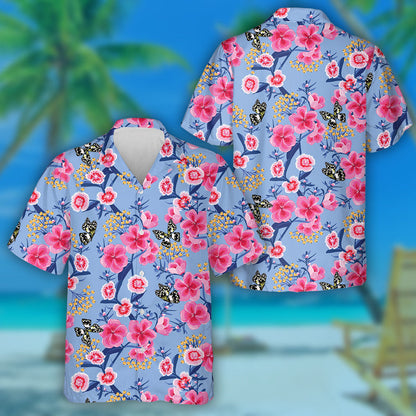 Spring Theme Sweet Blooming Pink Meadow And Butterfly Hawaiian Shirt, Hawaiian Shirt Gift, Christmas Gift