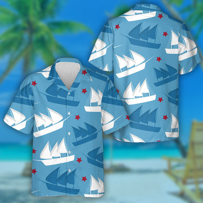 Columbus Day Pattern Repeat In Blue White And Red Hawaiian Shirt, Hawaiian Shirt Gift, Christmas Gift