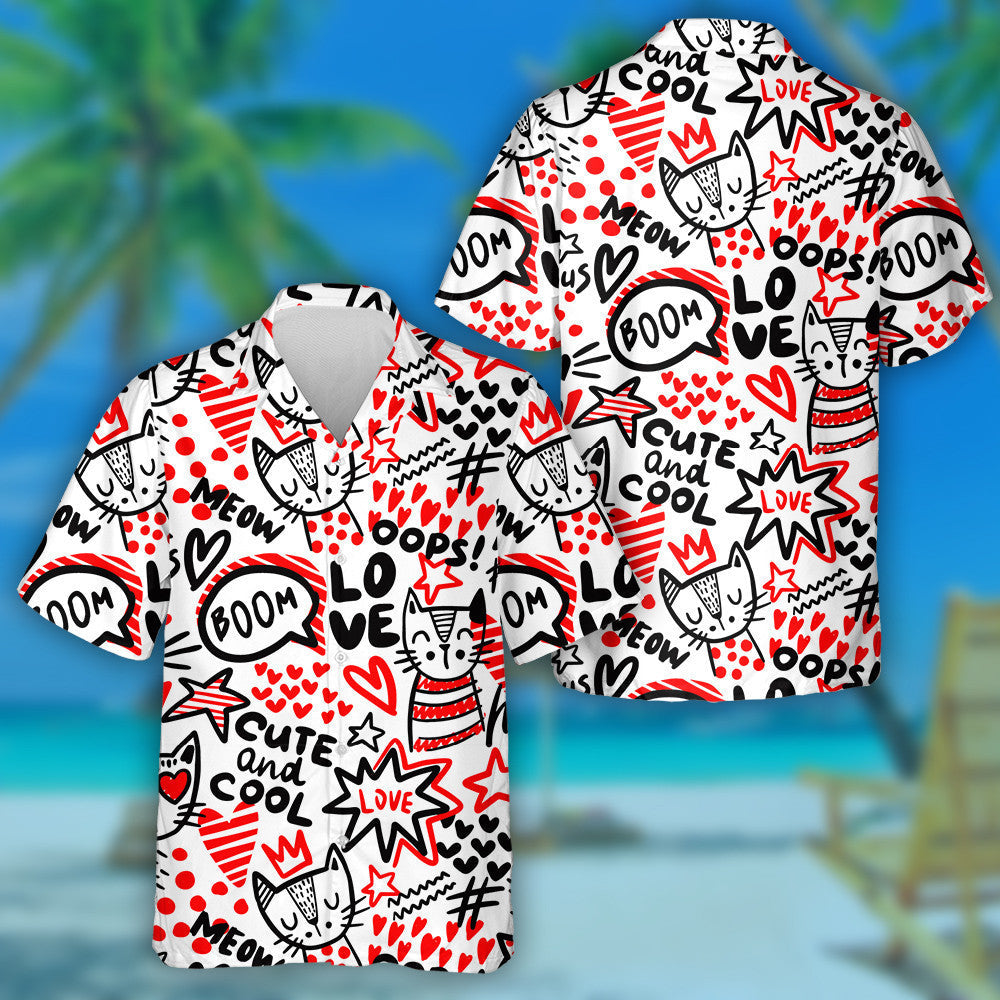 Black And White Cats Hearts And Dots Hawaiian Shirt, Hawaiian Shirt Gift, Christmas Gift